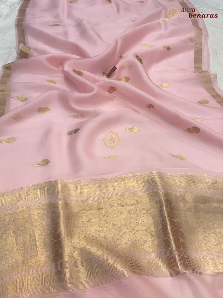 Baby Pink Kora Silk Handloom Banarasi Saree | Kadhwa Butis 