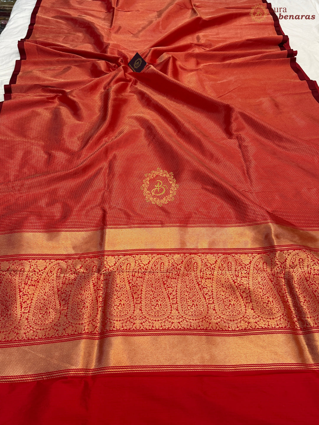 Red Pure Katan Silk Banarasi Handloom Saree with Stripes
