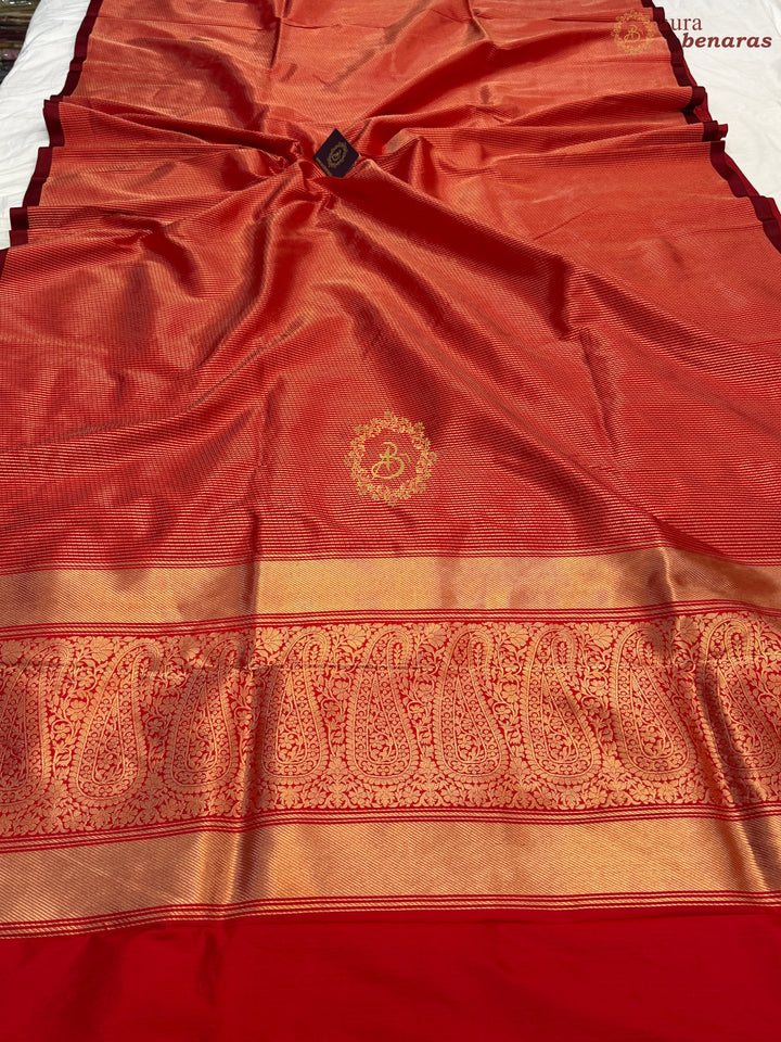 Red Pure Katan Silk Banarasi Handloom Saree with Stripes