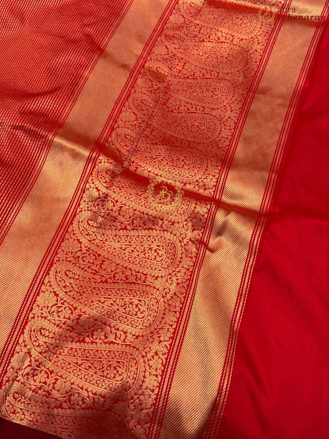 Red Pure Katan Silk Banarasi Handloom Saree with Stripes