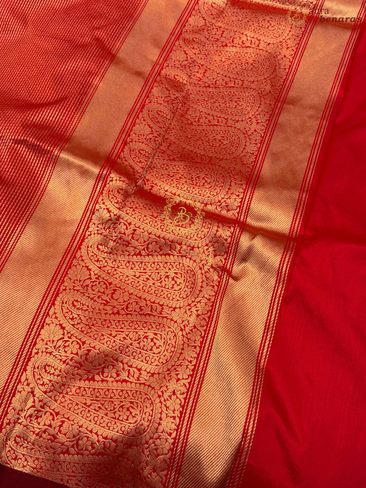 Red Pure Katan Silk Banarasi Handloom Saree with Stripes