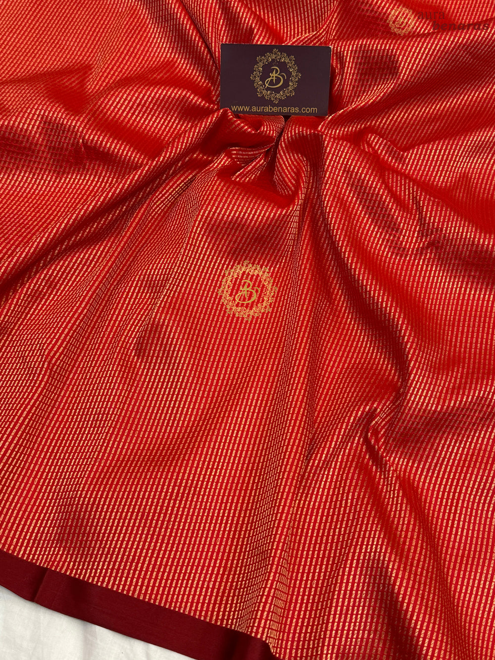 Red Pure Katan Silk Banarasi Handloom Saree with Stripes