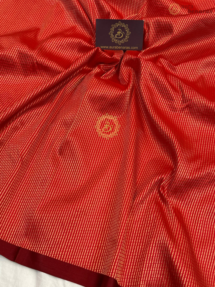 Red Pure Katan Silk Banarasi Handloom Saree with Stripes