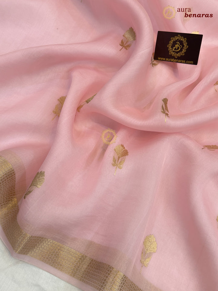 Baby Pink Kora Silk Handloom Banarasi Saree | Kadhwa Butis 
