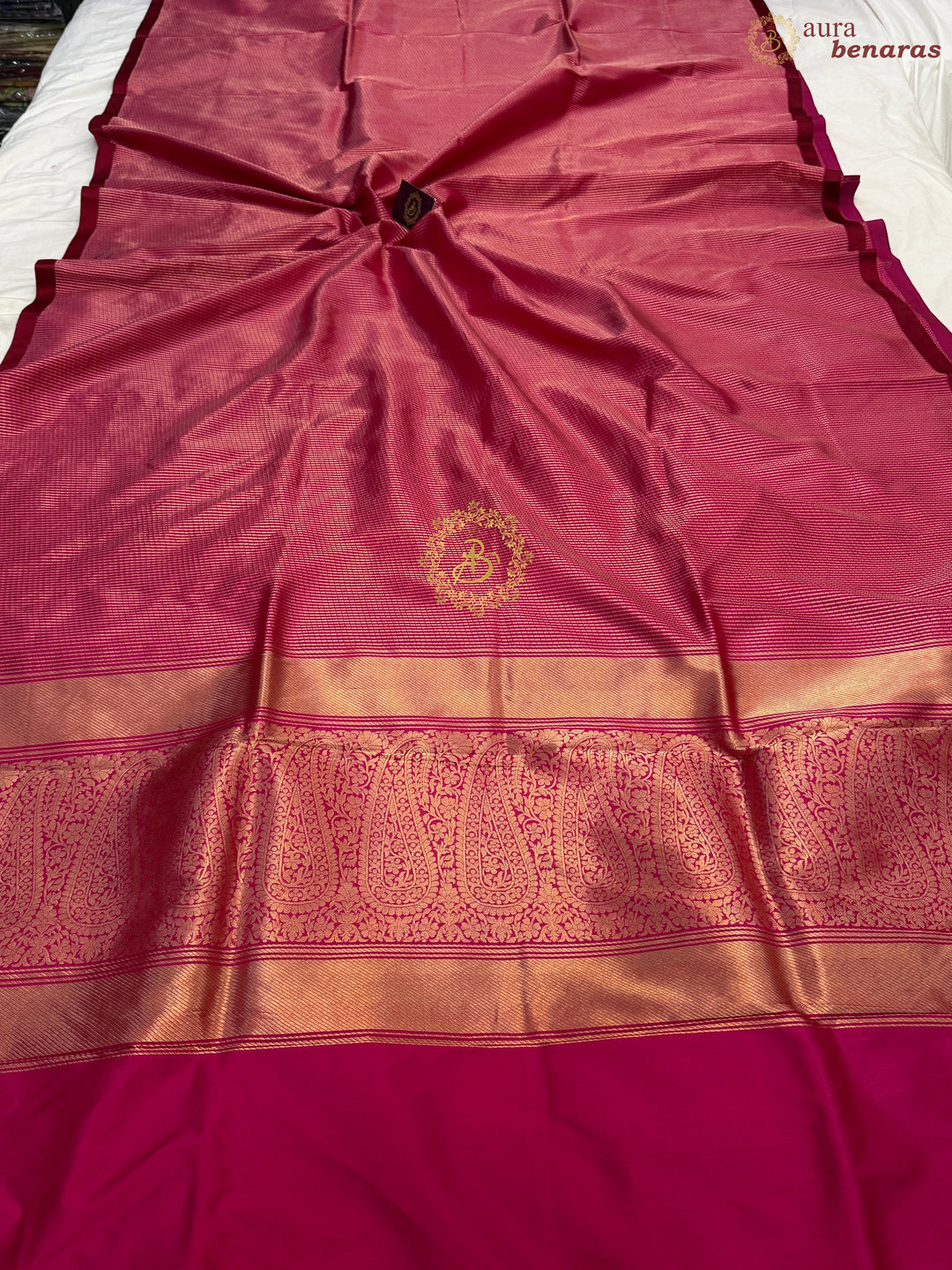 Rani Pink Pure Katan Silk Banarasi Handloom Saree with Stripes
