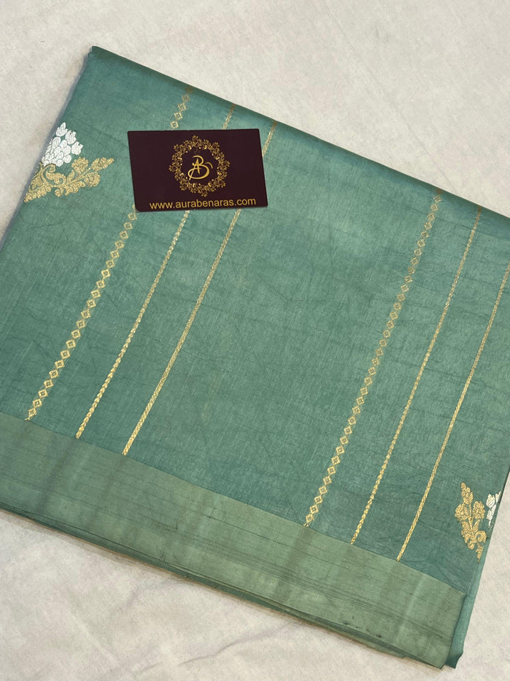 Greyish Green Pure Banarasi Handloom Silk Saree - Aura Benaras