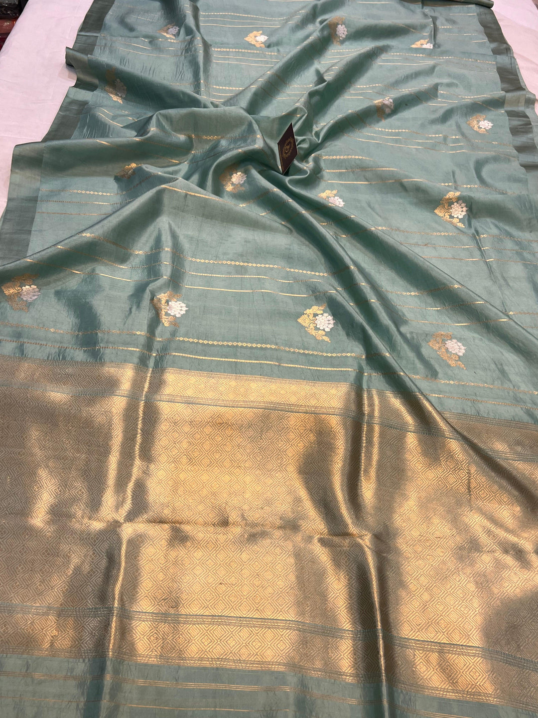 Greyish Green Pure Banarasi Handloom Silk Saree - Aura Benaras