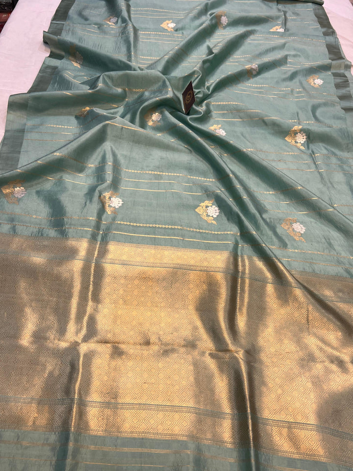 Greyish Green Pure Banarasi Handloom Silk Saree - Aura Benaras