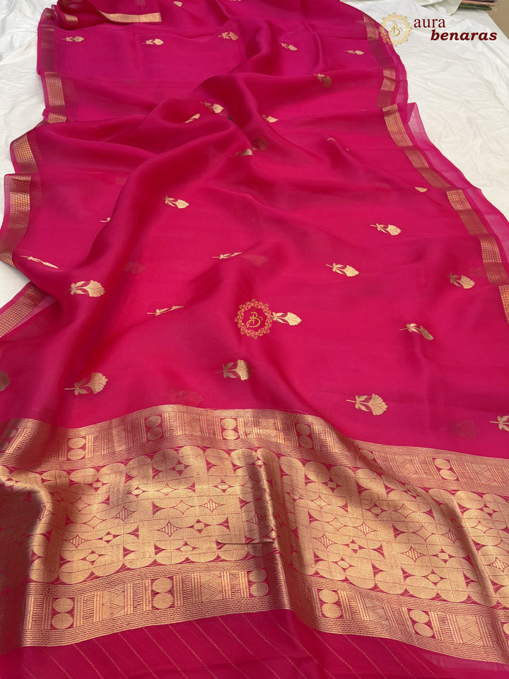 Rani Pink Kora Silk Handloom Banarasi Saree | Kadhwa Butis 