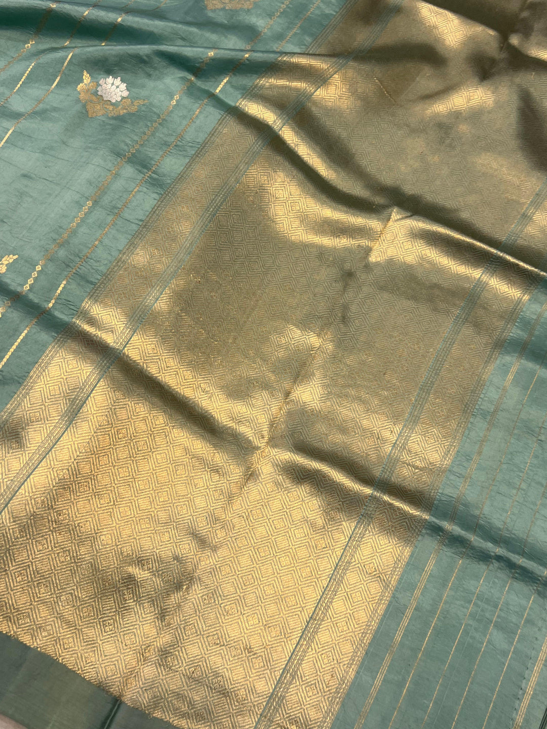 Greyish Green Pure Banarasi Handloom Silk Saree - Aura Benaras