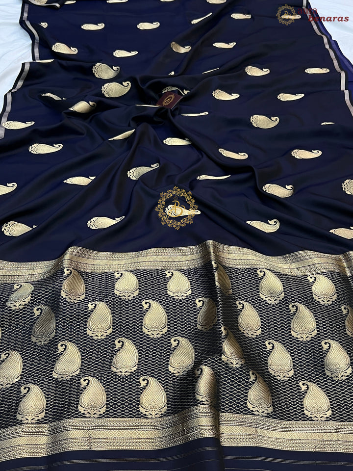 Deep Mid Night Blue Pure Banarasi Handloom Mashru Silk Saree