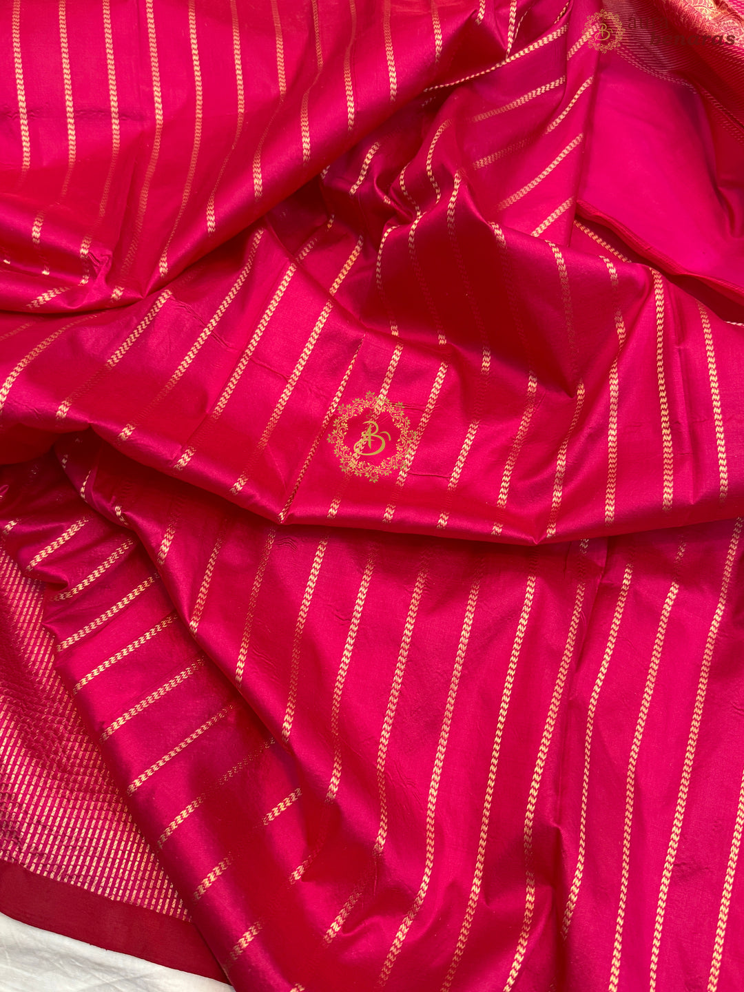Rani Pink Pure Katan Silk Banarasi Handloom Saree with Stripes