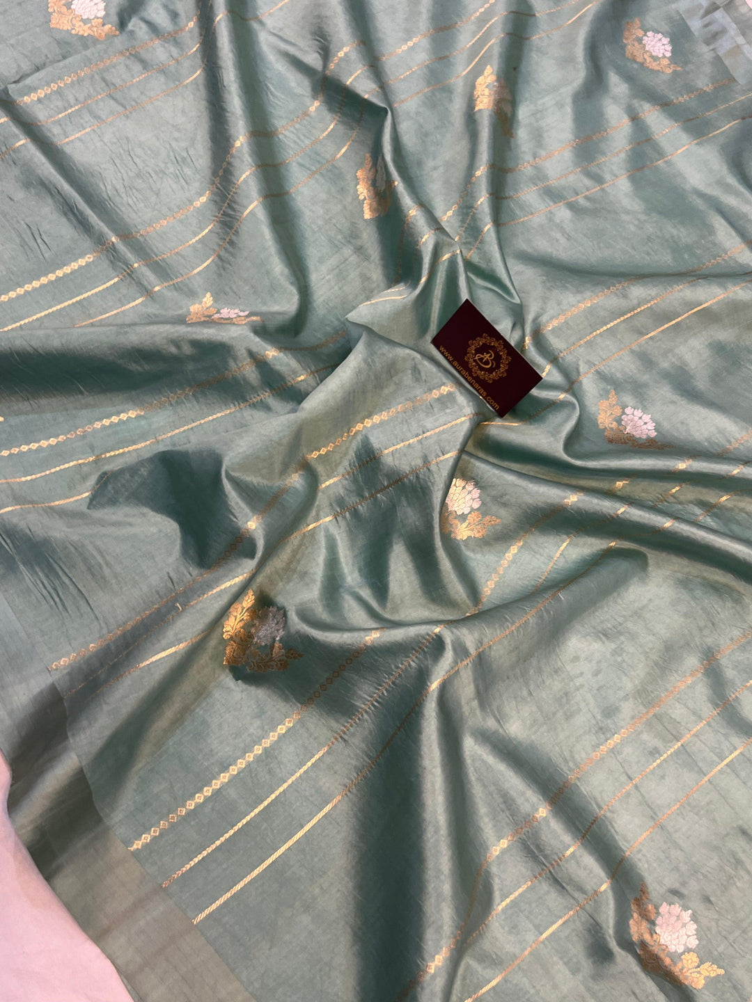 Greyish Green Pure Banarasi Handloom Silk Saree - Aura Benaras