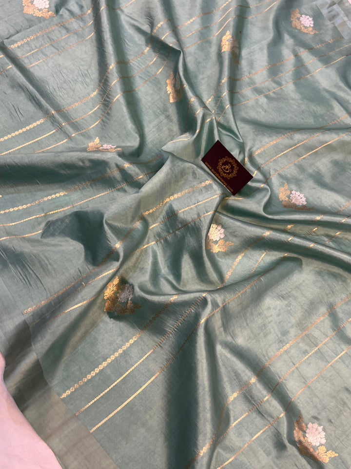 Greyish Green Pure Banarasi Handloom Silk Saree - Aura Benaras