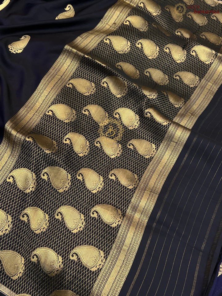 Deep Mid Night Blue Pure Banarasi Handloom Mashru Silk Saree