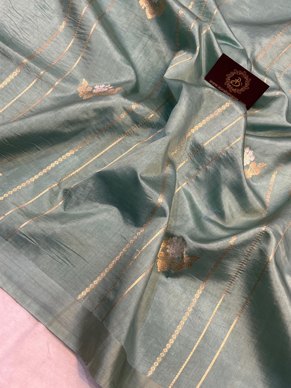 Greyish Green Pure Banarasi Handloom Silk Saree - Aura Benaras