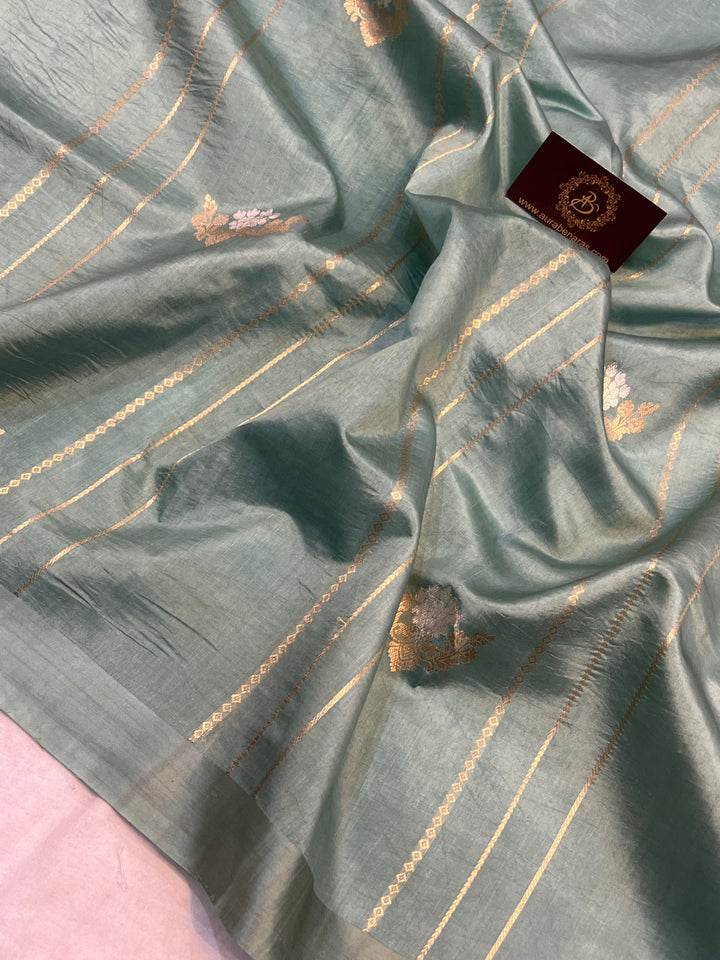 Greyish Green Pure Banarasi Handloom Silk Saree - Aura Benaras