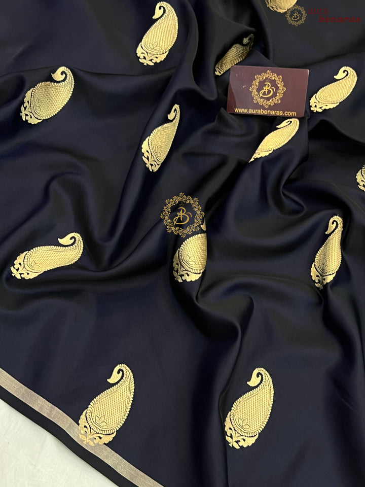 Deep Mid Night Blue Pure Banarasi Handloom Mashru Silk Saree
