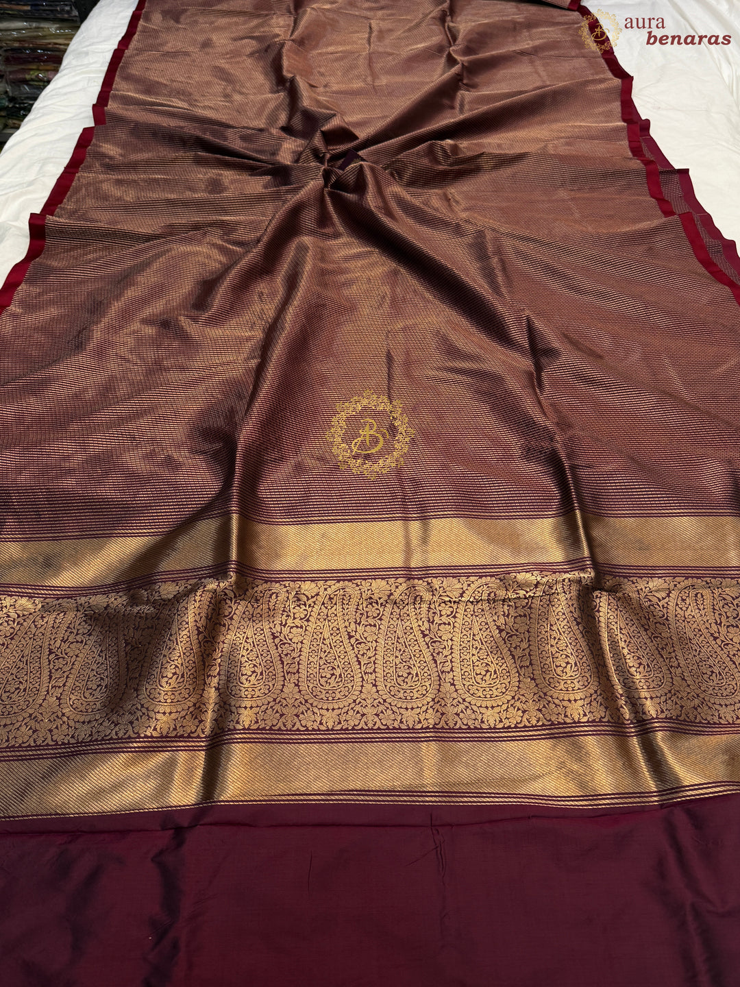 Wine Pure Katan Silk Banarasi Handloom Saree with Stripes
