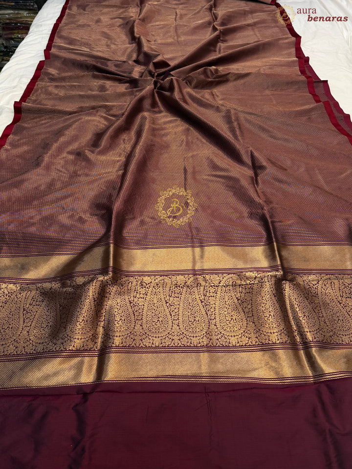 Wine Pure Katan Silk Banarasi Handloom Saree with Stripes
