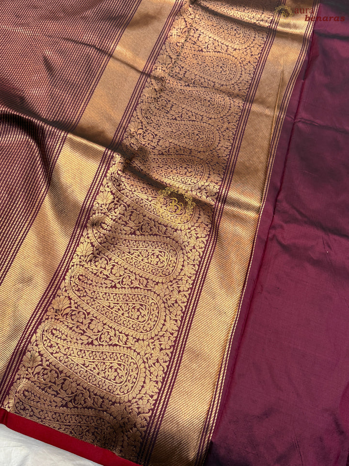 Wine Pure Katan Silk Banarasi Handloom Saree with Stripes