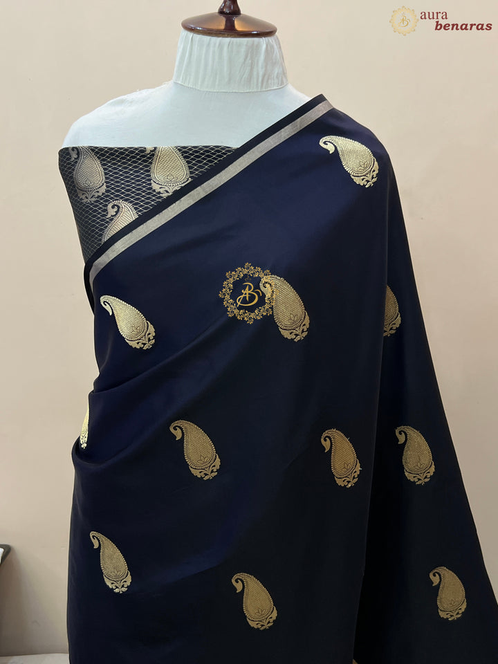 Deep Mid Night Blue Pure Banarasi Handloom Mashru Silk Saree
