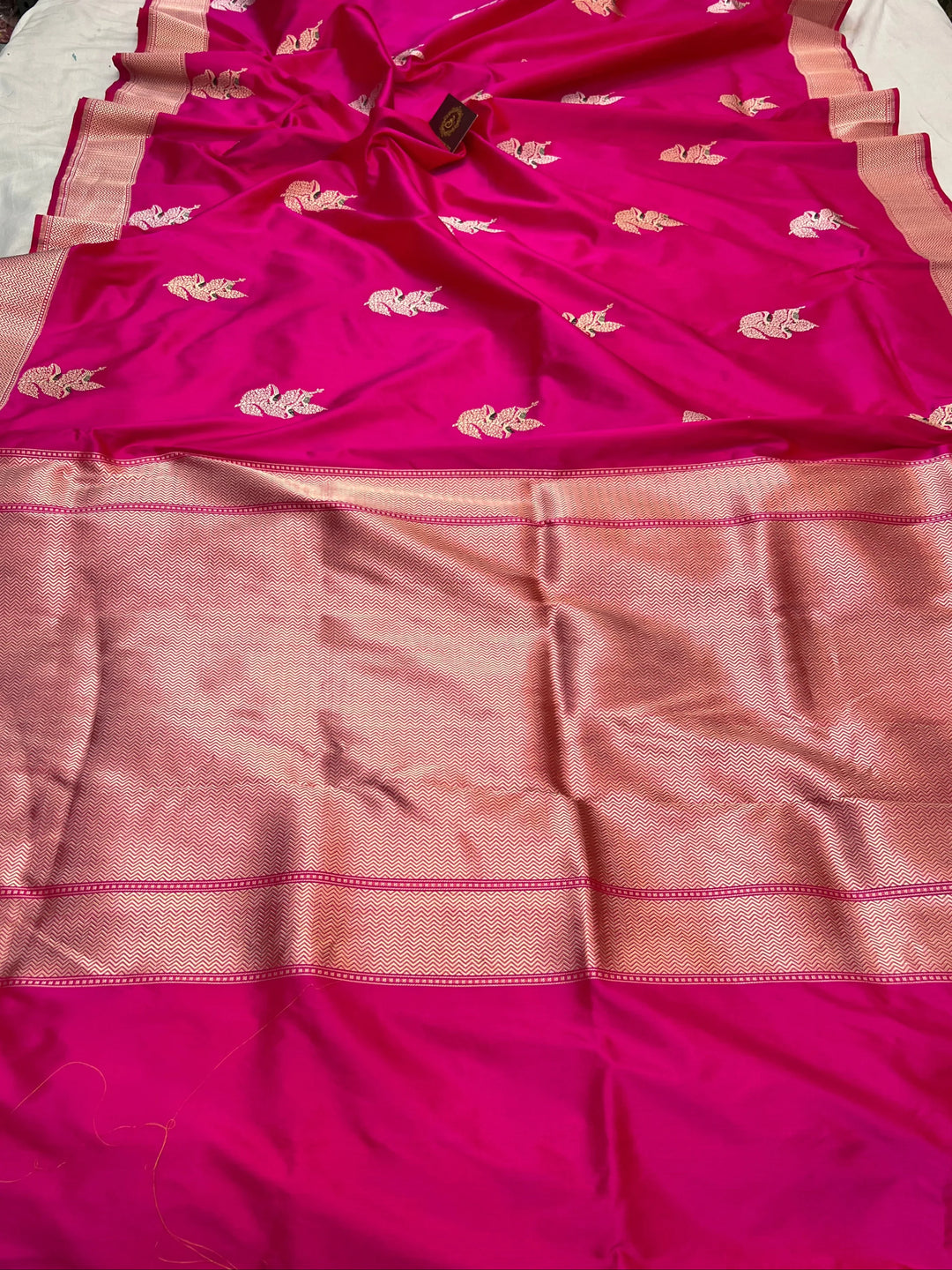 Rani Pink Pure Katan Silk Handloom Banarasi Saree – Aura Benaras