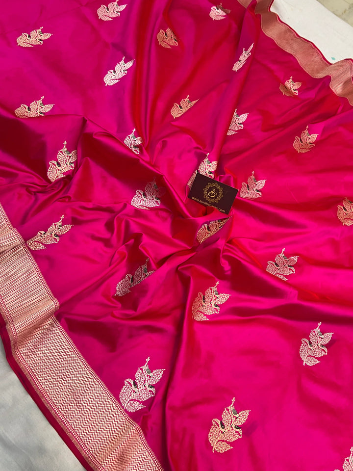 Rani Pink Pure Katan Silk Handloom Banarasi Saree – Aura Benaras