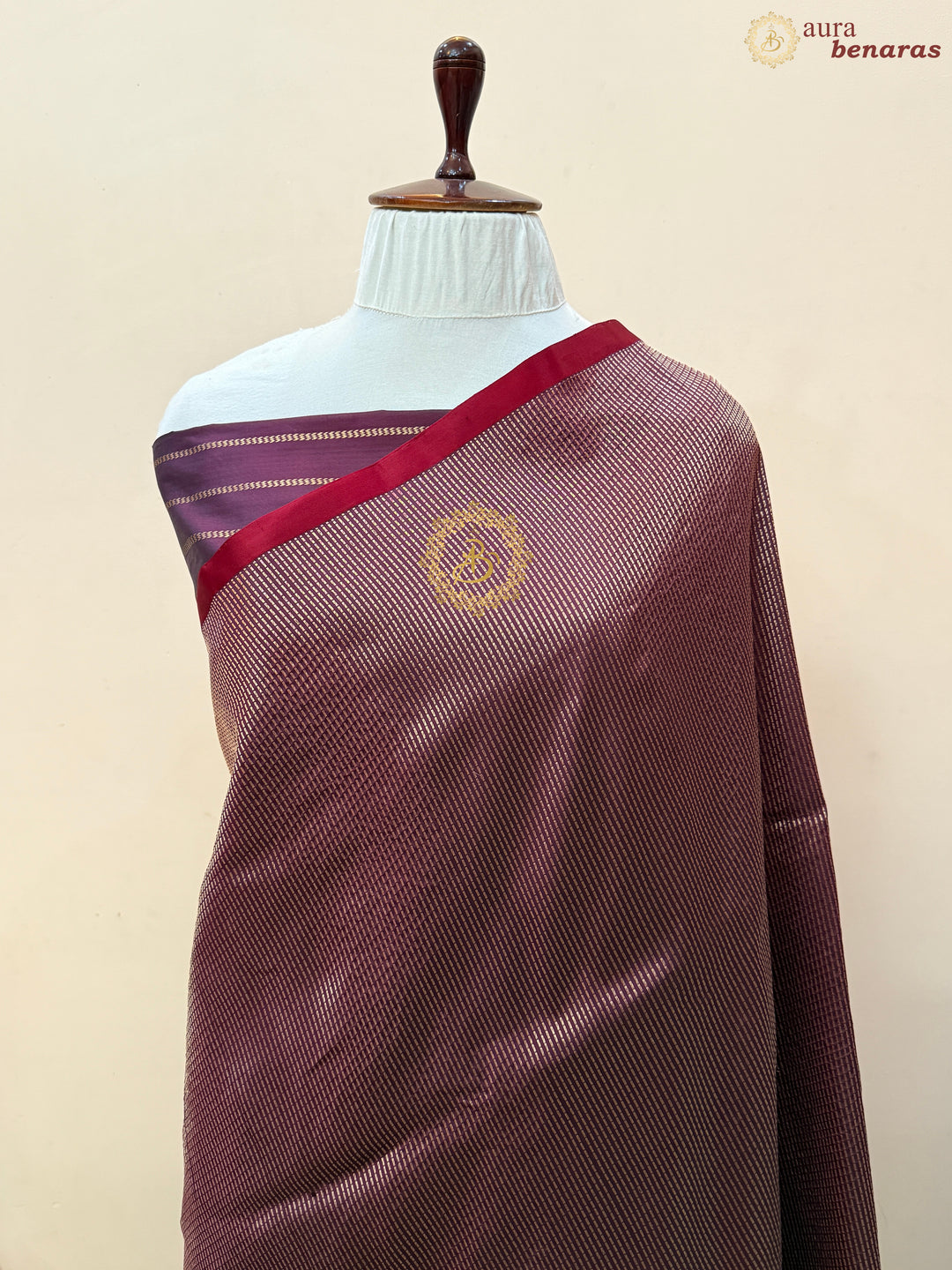 Wine Pure Katan Silk Banarasi Handloom Saree with Stripes