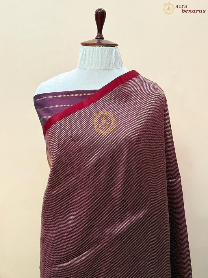 Wine Pure Katan Silk Banarasi Handloom Saree with Stripes