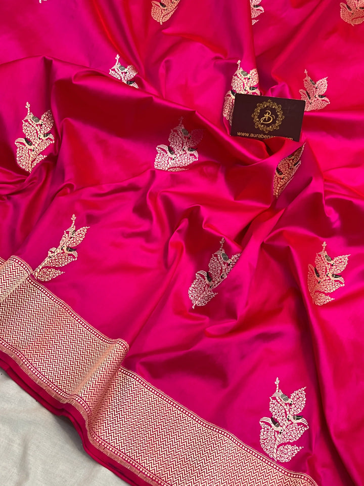 Rani Pink Pure Katan Silk Handloom Banarasi Saree – Aura Benaras