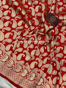 Red Pure Banarasi Handloom Katan Silk Saree - Aura Benaras