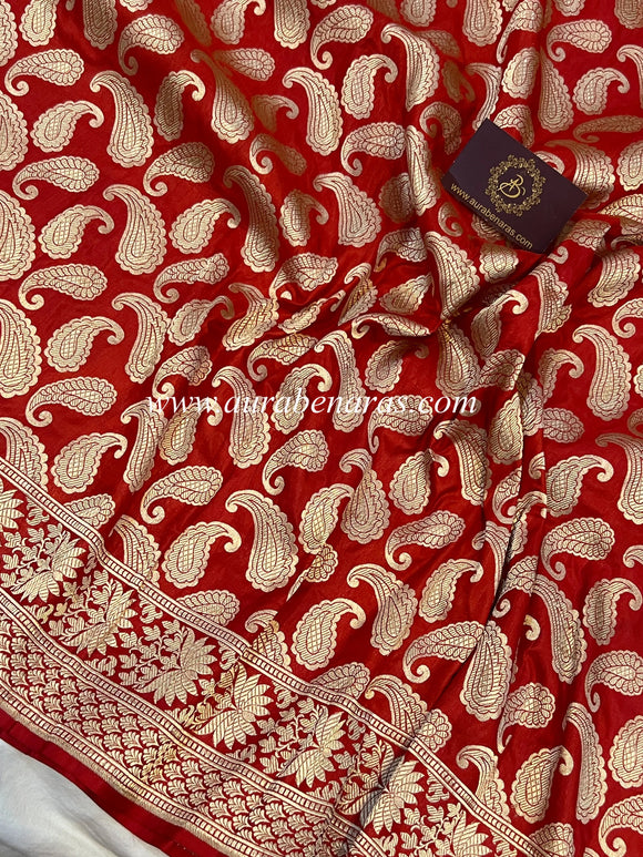 Red Pure Banarasi Handloom Katan Silk Saree - Aura Benaras