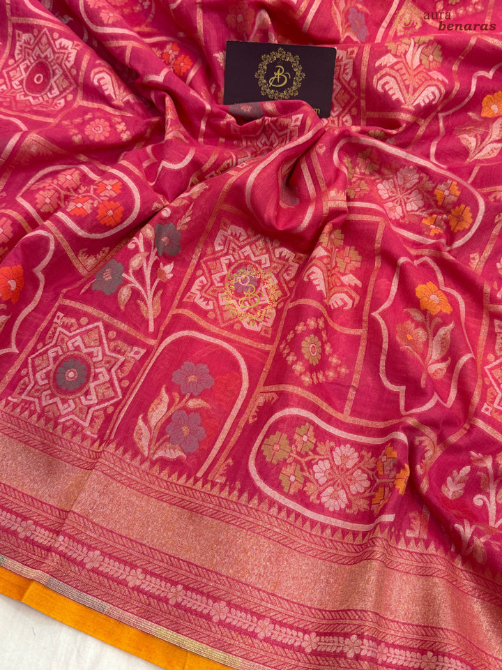 Bubblegum Pink Pure Cotton Silk Handloom Banarasi Saree