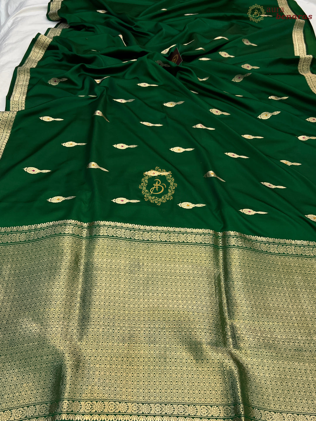 Bottle Green Pure Mashru Silk Handloom Banarasi Saree