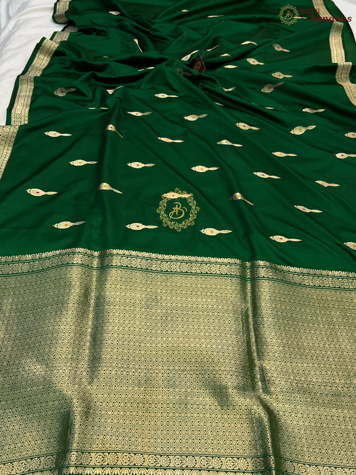 Bottle Green Pure Mashru Silk Handloom Banarasi Saree