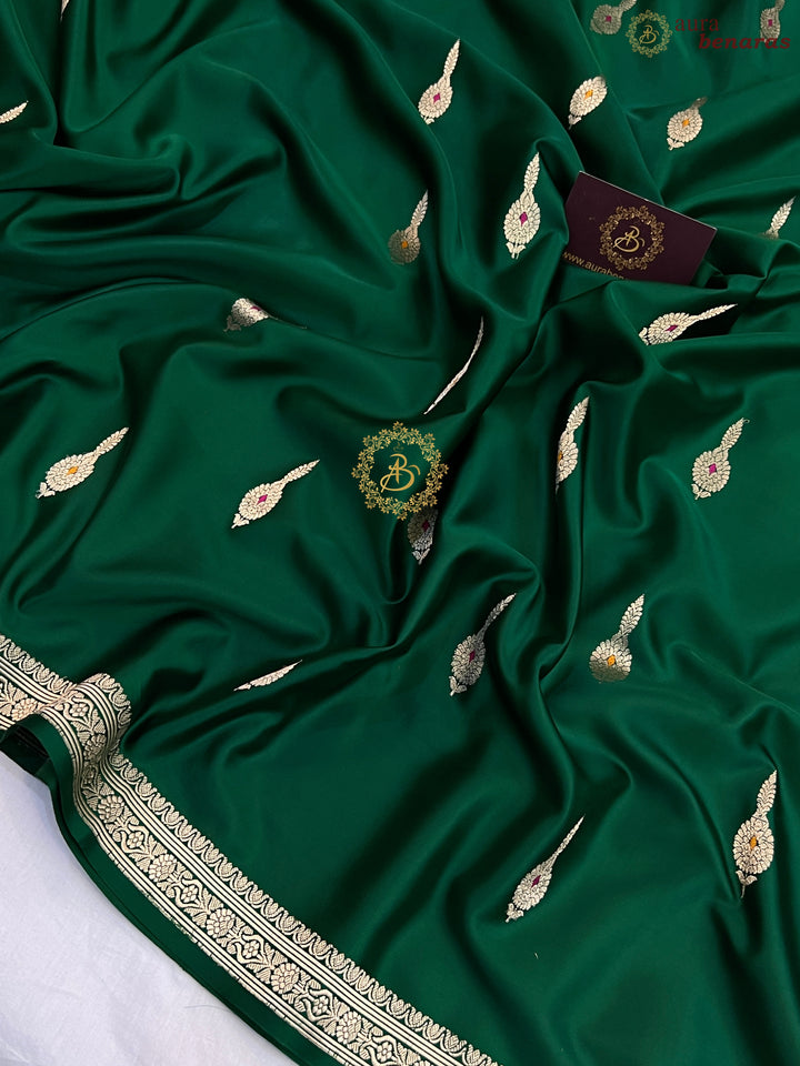 Bottle Green Pure Mashru Silk Handloom Banarasi Saree