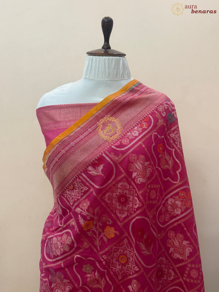 Bubblegum Pink Pure Cotton Silk Handloom Banarasi Saree