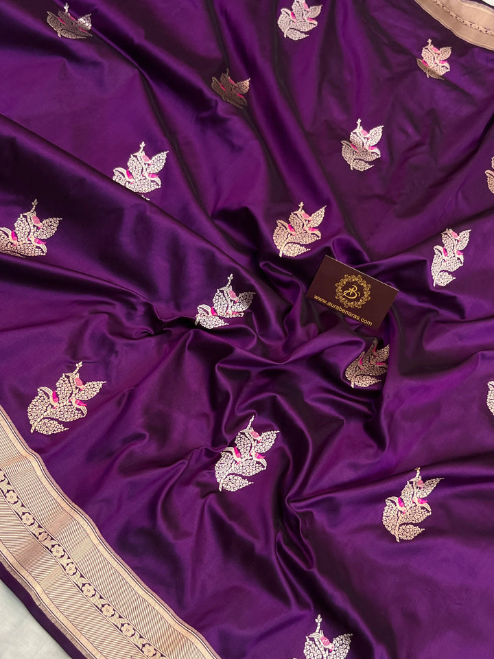 Deep Purple Pure Katan Silk Handloom Banarasi Saree – Aura Benaras