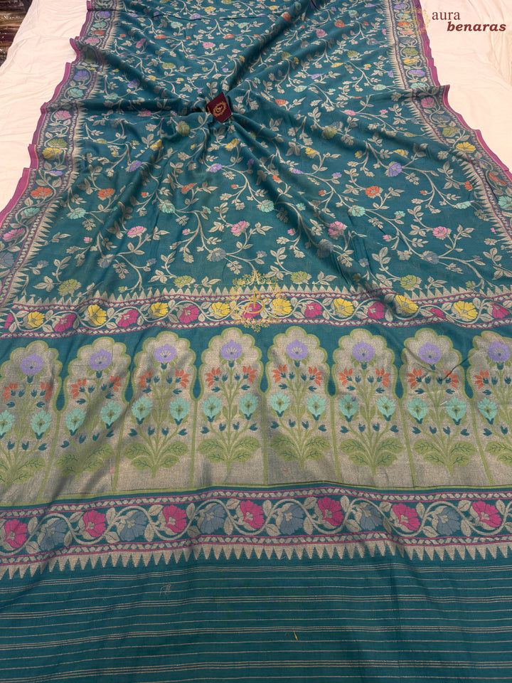 Rama Blue Pure Cotton Silk Handloom Banarasi Saree