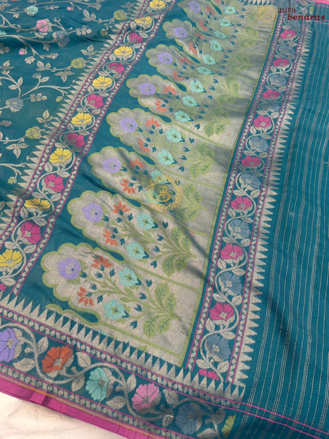 Rama Blue Pure Cotton Silk Handloom Banarasi Saree
