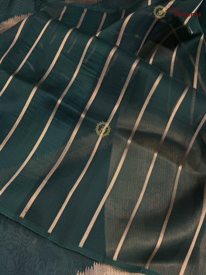 Bottle Green Kora Silk Banarasi Saree with Kadwa Jaal – Aura Benaras