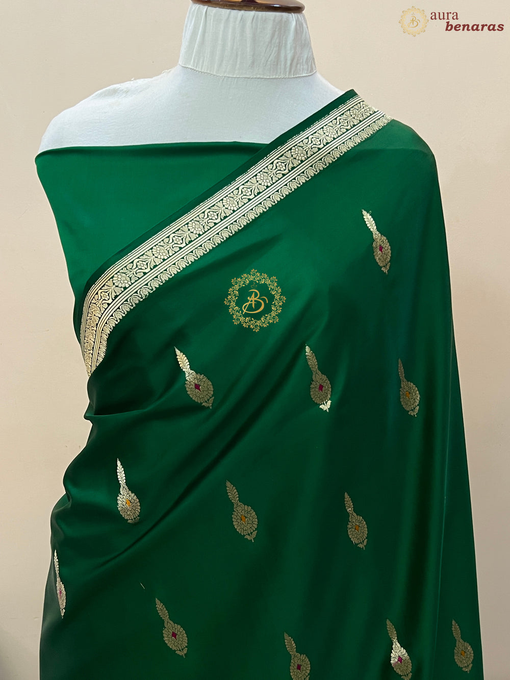 Bottle Green Pure Mashru Silk Handloom Banarasi Saree