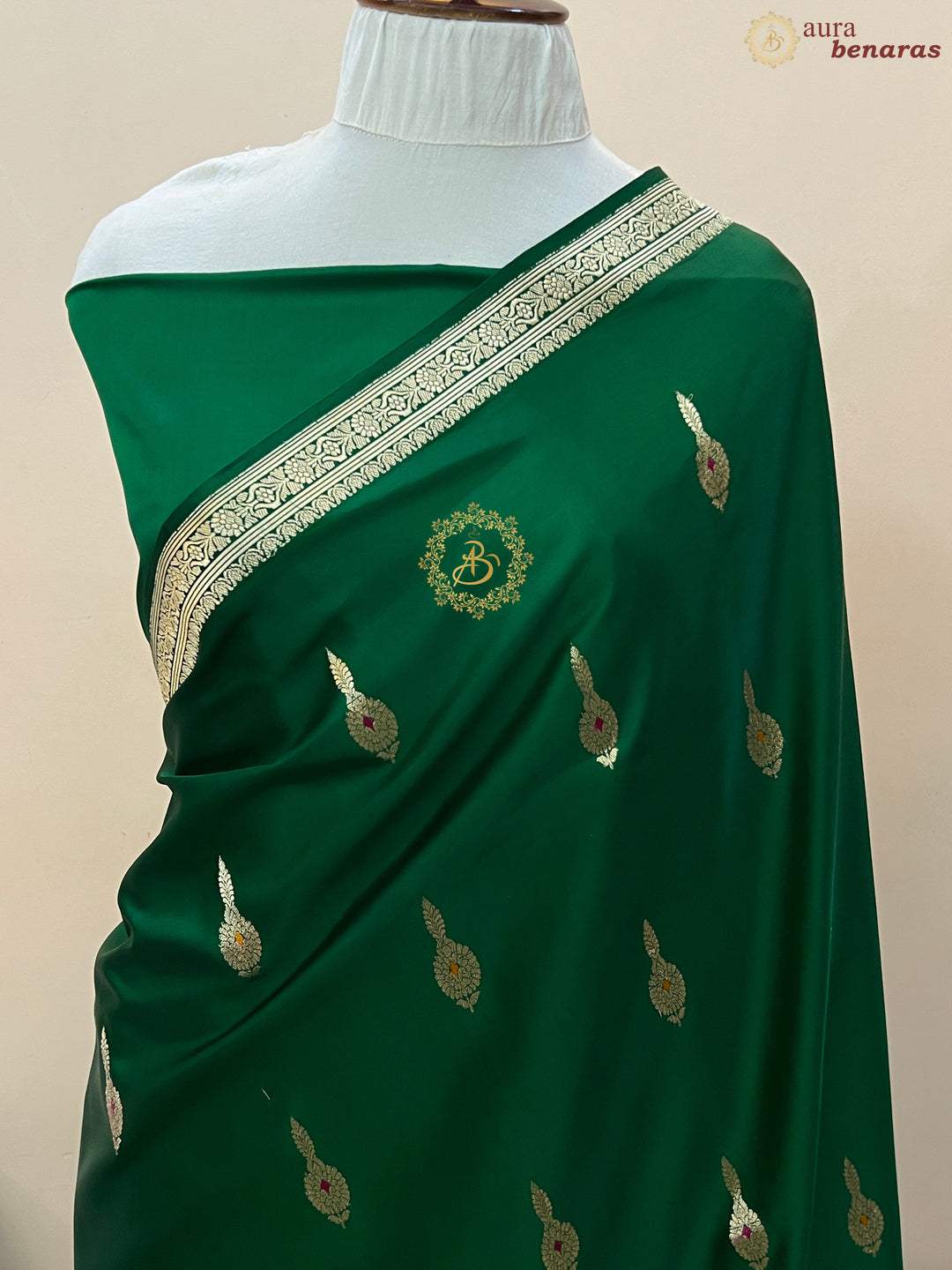 Bottle Green Pure Mashru Silk Handloom Banarasi Saree