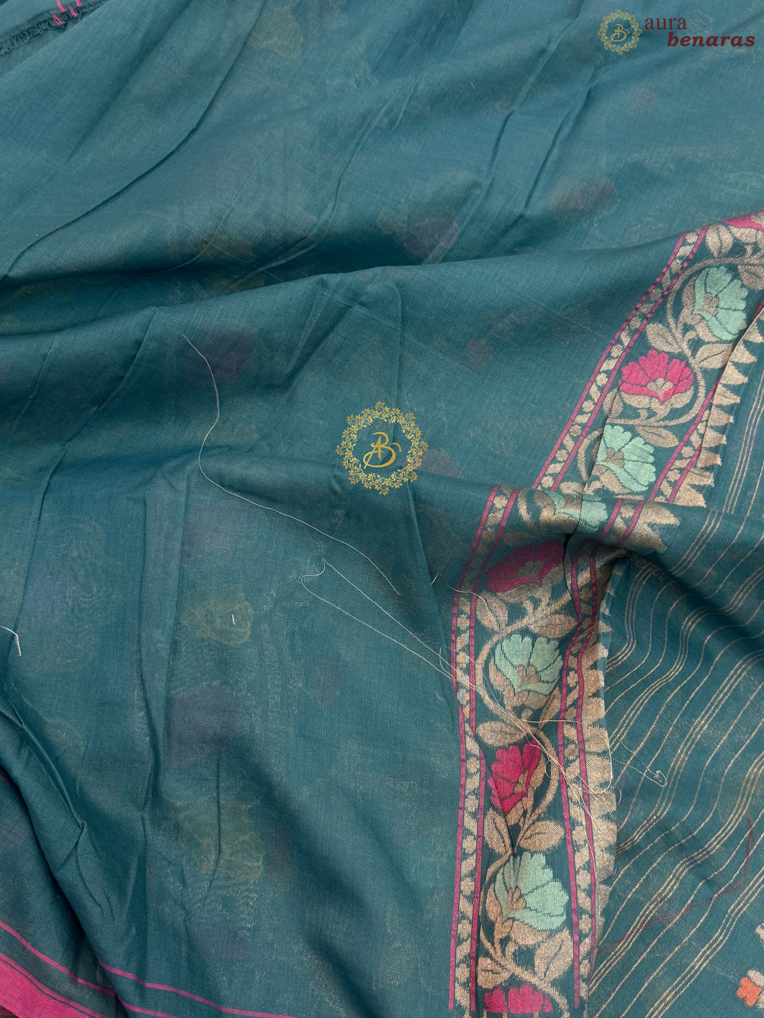 Rama Blue Pure Cotton Silk Handloom Banarasi Saree
