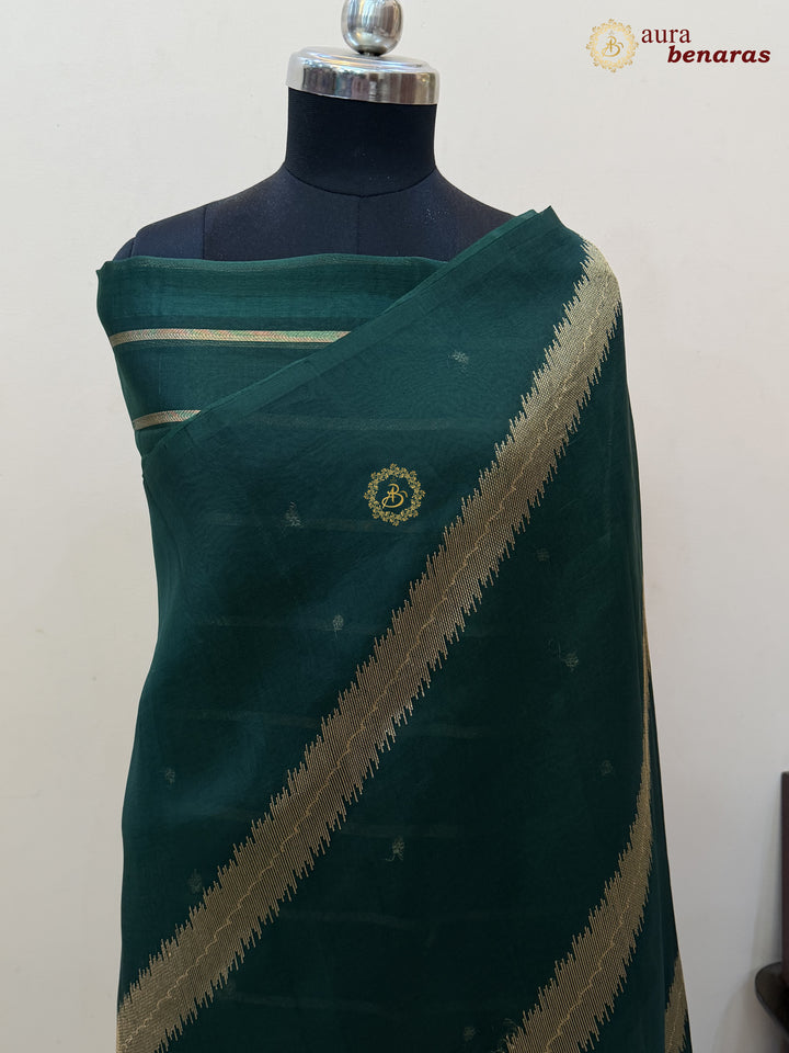 Bottle Green Kora Silk Banarasi Saree with Kadwa Jaal – Aura Benaras