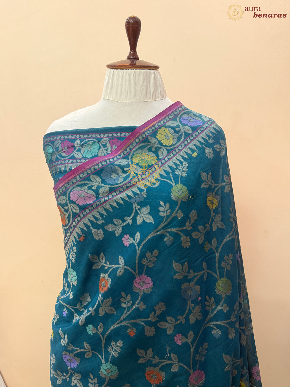 Rama Blue Pure Cotton Silk Handloom Banarasi Saree