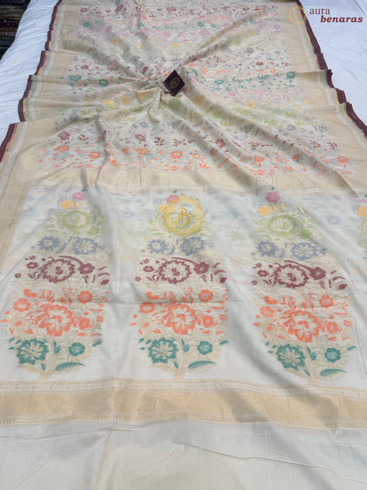 White Pure Cotton Silk Handloom Banarasi Saree