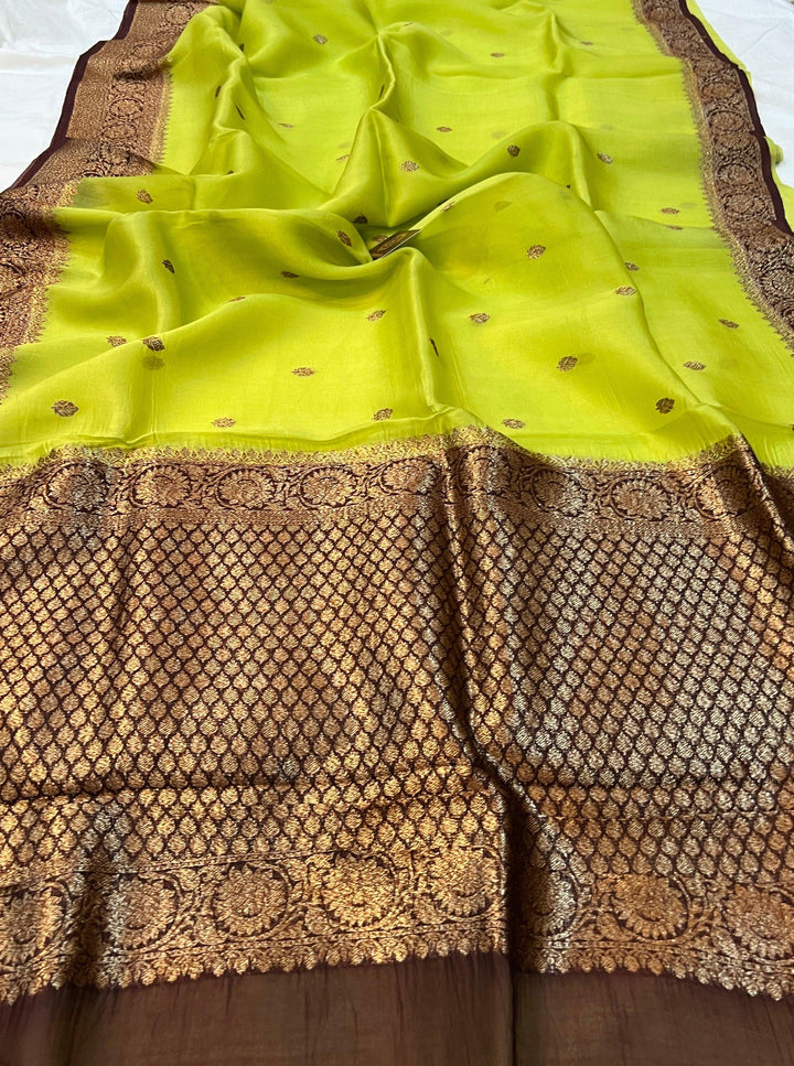 Parrot Green Banarasi Handloom Kora Silk Saree - Aura Benaras