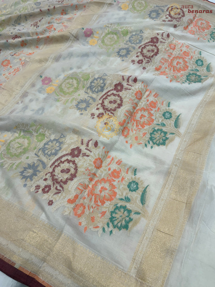 White Pure Cotton Silk Handloom Banarasi Saree